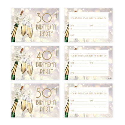 Champagne Celebration 18th 16th 30th 40th 50th 60th 65th 70th 80th Birthday Party Invites - Pack of 20