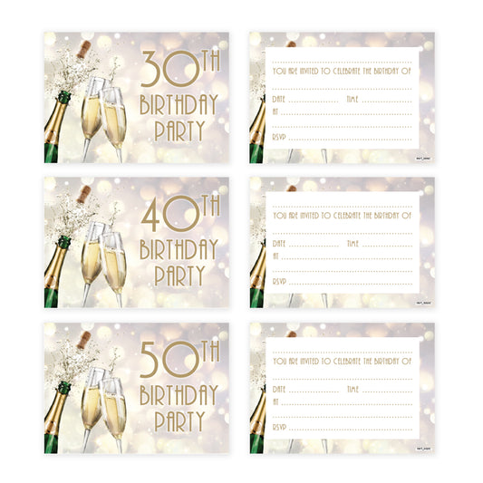 Champagne Celebration 18th 16th 30th 40th 50th 60th 65th 70th 80th Birthday Party Invites - Pack of 20