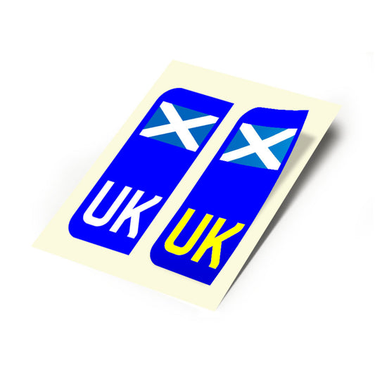 2 X New UK Car Reg - Number Plate Stickers -  Scotland Scottish Saltire Flag for Travel Abroad
