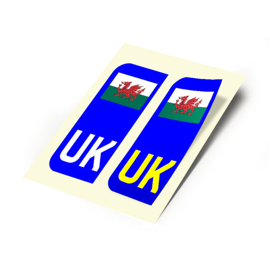 2 X New UK Car Reg- Number Plate Stickers - Wales Flag for Travel Abroad